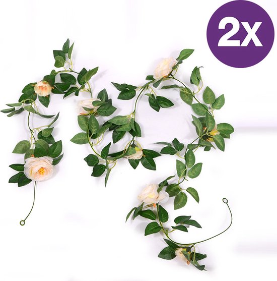 2 Stuks Rozen Slinger - Kunstbloemen slinger - Balkon decoratie - Zomerbloem- 145cm - Klimroos Light Champagne - Bruiloft Decoratie – Trouwen -Trouwdag bloemen