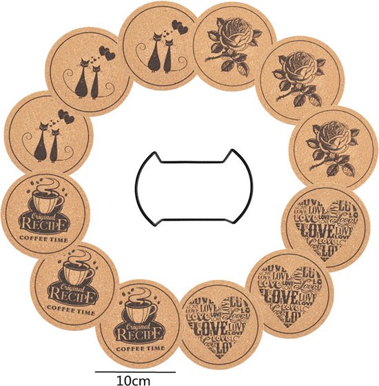 12 Kurken Onderzetters met Houder - Katten, Rozen, Koffieprints