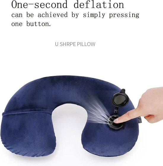 Opblaasbaar nekkussen H-vorm met capuchon - Marineblauw