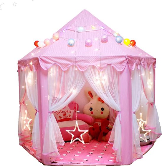 Kinder Speeltent met Sterretjes Verlichting- Kasteel Design -Princess Castle Game Tent- Binnen en Buiten - Roze - 140x70x135CM