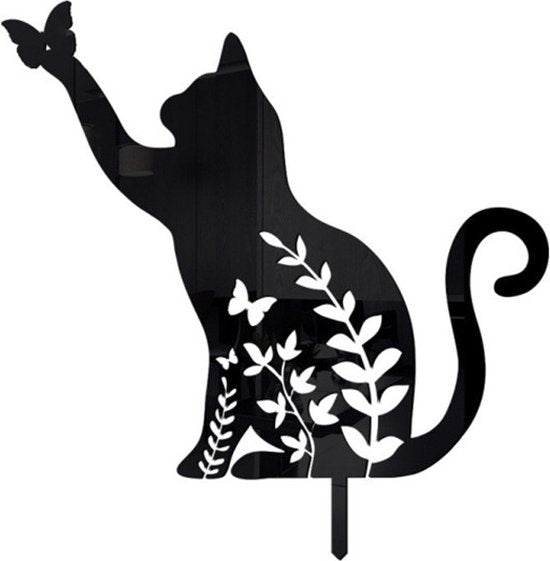 Metalen tuinsteker zwarte kat bloem silhouet met vlinder
