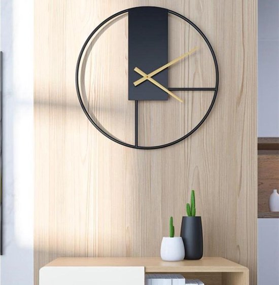 TDR - Moderne Nordic wandklok - Transparant met Zwart Frame en zwart decoratief - ⌀ 43cm