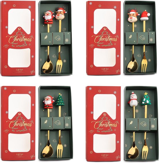 4 delige (8 stuks) Luxe Kerst Bestekset – Theelepels & Vorke