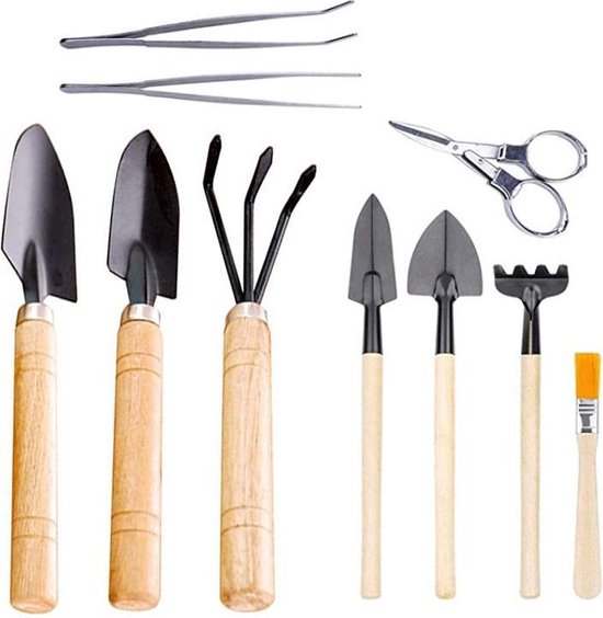 10-delige Mini Bloementuingereedschapset - ideaal voor op balkon , bloementuintje of bonsai boomjes - leuk kado voor de feestdagen