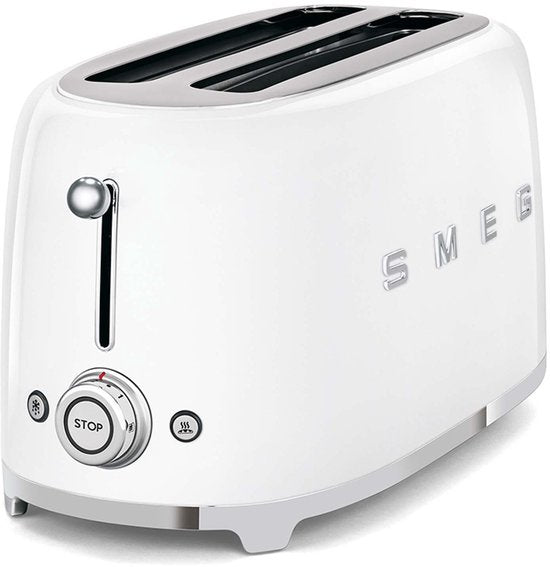 SMEG TSF02WHEU Broodrooster - 4 Sneden - 2 Lange Sleuven - 1500W - 6 Bruiningsstanden - Ontdooifunctie, Opwarmfunctie & Bagelfunctie - '50s Style - Wit