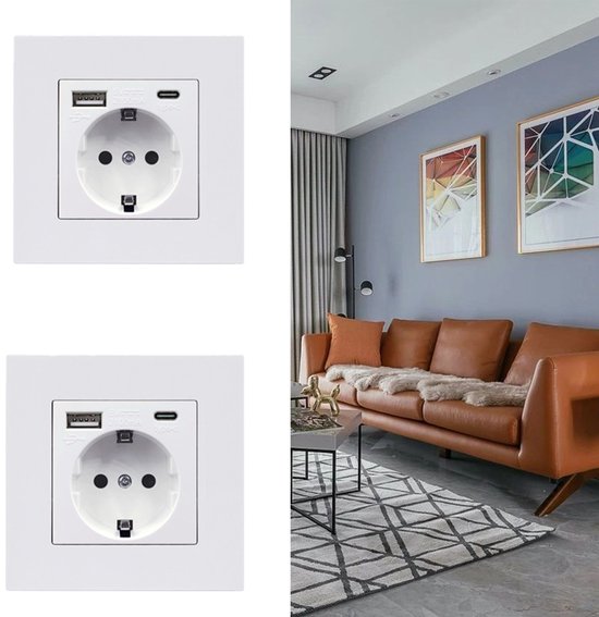 Inbouwstopcontact USB-A & USB-C - Wit - Kinderbeveiliging
