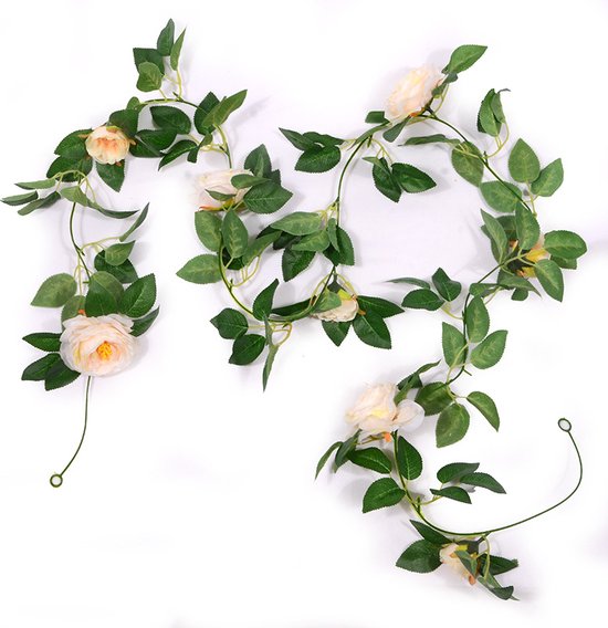 2 Stuks Rozen Slinger - Kunstbloemen slinger - Balkon decoratie - Zomerbloem- 145cm - Klimroos Light Champagne - Bruiloft Decoratie – Trouwen -Trouwdag bloemen