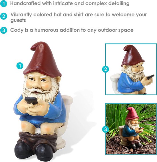 Grappige Kabouter Tuinornamenten-Kabouter op het Toilet met Mobiele Telefoon 5*7*12,5cm