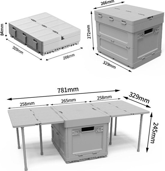 Multifunctionele draagbare opvouwbare opbergbox met grote capaciteit -kampeer tafeltjes-waarschuwingsbord-grijs