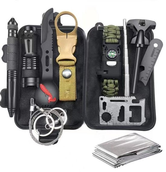 SOS Wildernis Overlevingsset 13-in-1 – Outdoor Survival Kit met Multitool, Zaklamp & Nooddeken – Ideaal voor Kamperen & Avontuur