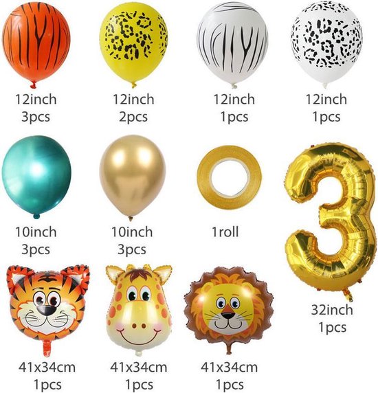 19 delig verjaardag ballonnen set - 3 jaar - Thema: Dieren