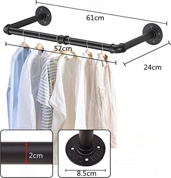 Industriële Buis Kledingrekken - Metalen Kledingrekken - Draagvermogen tot 30 kg -Robuust & Stijlvol voor Thuis en Winkel-57x24x61 cm-zwart