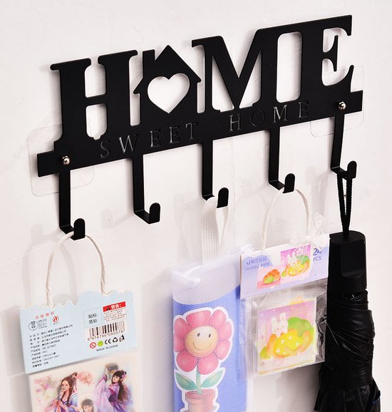 Moderne sleutelhaak HOME - Sleutelrekje met 5 haken - zwart