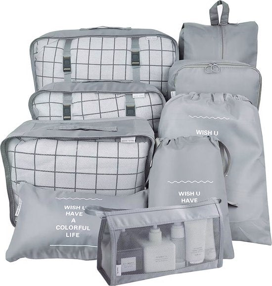 9 delige reisopbergtassenset-Packing Cubes-Bagage organizers- Duurzaamheid en Stijlvol Reizen- grijs