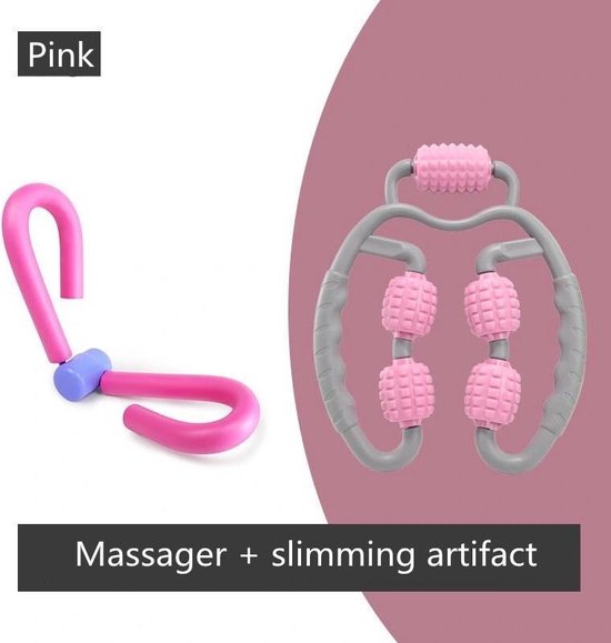 Fitness & Massage Set - De ultieme combinatie voor verbetering van lichaamsvorm en ontspanning - 1x Multifunctionele fitness en afslank klem & 1x Massage handvat met Rollers - Roze