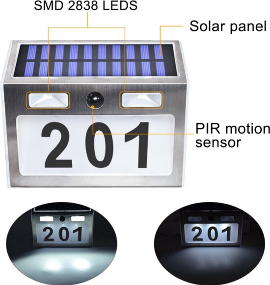 Solar Huisnummer Lamp – Wandlamp op Zonne-energie met Bewegingssensor – Buitenlamp met LED – Inclusief Cijfers – Weerbestendig – 4 Stuks