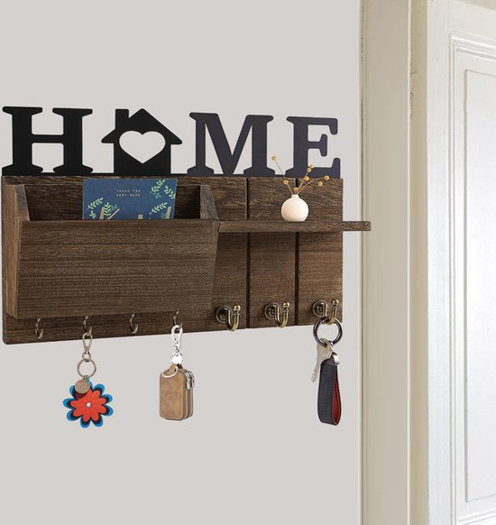 Grote Stijlvolle Wandgemonteerde Sleutelhouder met 'HOME' Design - Functionaliteit en Esthetiek in Eén-38*7.5*17cm-donkerbruin
