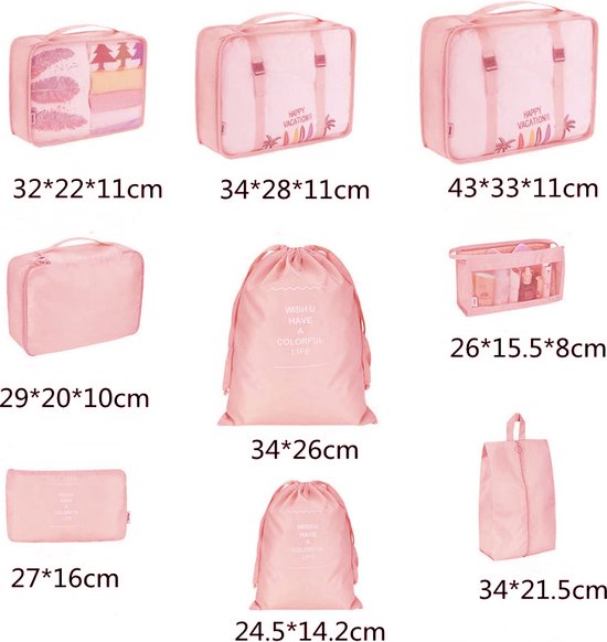 Packing Cubes 9-Delig – Koffer Organizer Reistassen – Duurzame Bagage Opbergset – Roze