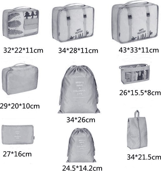 9 delige reisopbergtassenset-Packing Cubes-Bagage organizers- Duurzaamheid en Stijlvol Reizen- grijs