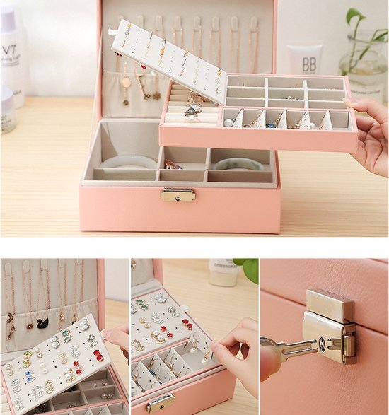 Sieradendoos met klassiek ontwerp - roze - met meerdere vakken en vergrendeling