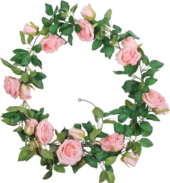 2 Stuks Klimop Slinger met grote rozen kunstbloem -2 meter lang-decoratieve slinger-Bloemenkrans- roze