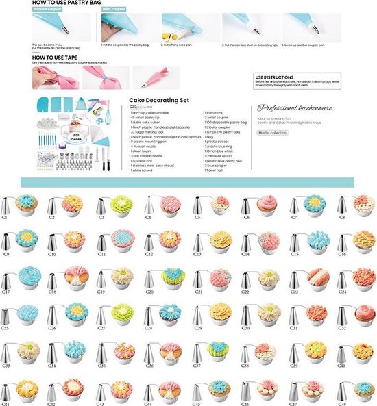 220delig- Luxe Cake & Taart Decoratie Set - 220-delig - Bakspullen - Taartversiering - Incl. Spuitzak Met Spuitmondjes Set – Taartplateau – Cupcake Vormpjes – Paletmes – Taartzaag – Cupcake Decoratie – Bakset