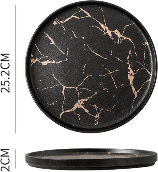 2-delige Luxe Marmeren Bordenset -Stijlvol Serveerbord voor Diner en Lunch- Modern & Stijlvol Ontwerp-Mat Zwart (Ø25,2 cm & Ø20 cm)