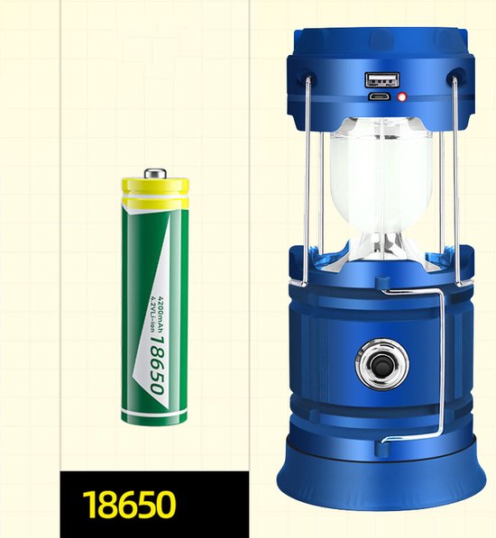 Solar LED Campinglamp Blauw - Handvat, USB, Powerbank, IP10
