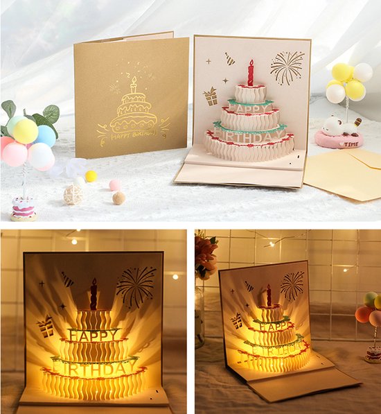 creatieve 3D-verjaardagskaart met opname-, licht- en kaarseffecten-Feestelijke Cadeaukaart - Unieke Beleving - 15x15cm