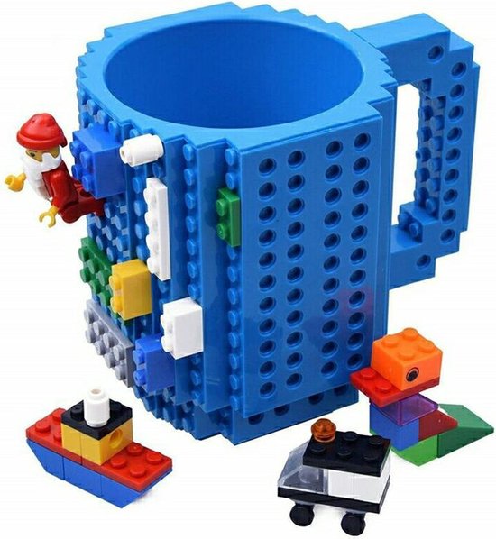 Build on Brick Mug - blauw - 350 ml - bouw je eigen mok met bouwsteentjes - BPA vrije drinkbeker cadeau voor kinderen of volwassenen - koffie thee limonade of andere dranken - pennenbeker - creatief accessoire voor op bureau