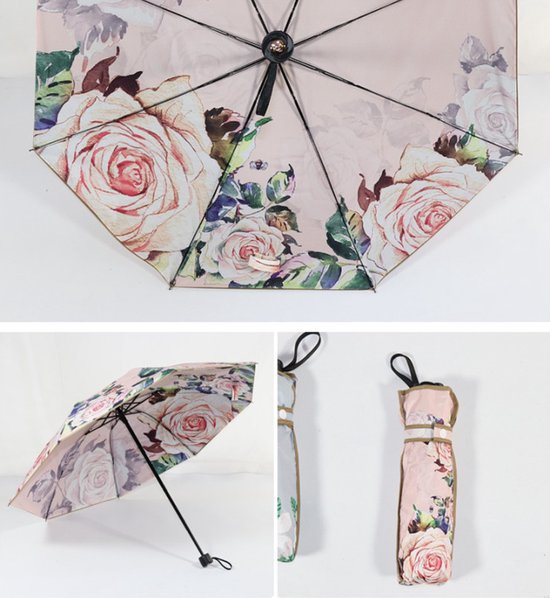 Opvouwbaar bloem paraplu - Zonbescherming Anti-Uv UPF50 + -Windproof- Stevig paraplu met diameter van 97 cm -licht roze