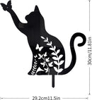 Metalen tuinsteker zwarte kat bloem silhouet met vlinder