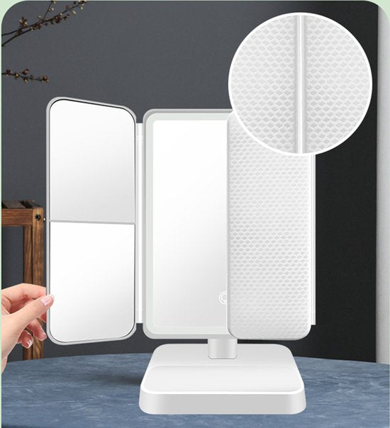 Driezijdige inklapbare make-up spiegel met LEDverlichting - 2+3 maal vergroting-Wit