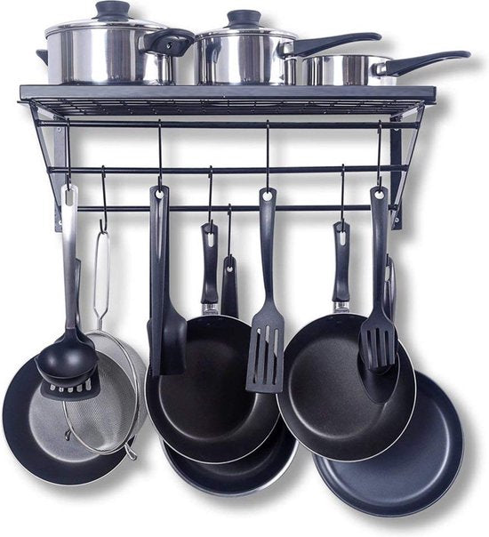 Stijlvol en Duurzaam Metalen Keukenrek met 10 Haken-Opbergrek voor Pannen en keukengerei-60*30*23cm-zwart