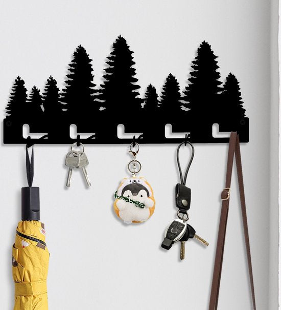 Bos Silhouette Sleutelrek – 5 Metalen Haken – Wandmontage