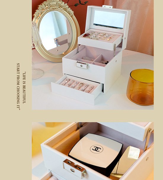 Luxe Sieradendoos met Spiegel en Sleutel - Wit