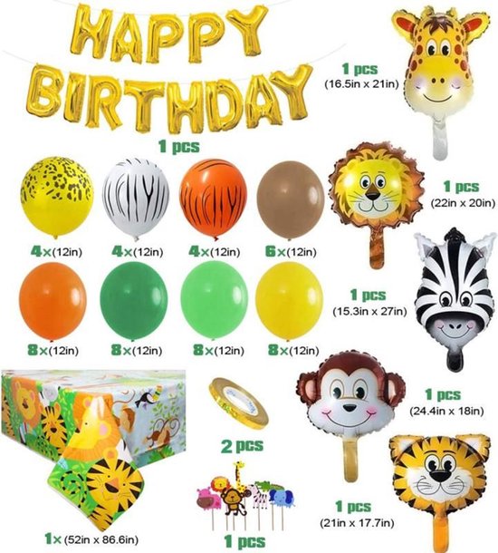 68 delig verjaardagset - Thema: Safari en dieren - Versiering voor feestjes, verjaardag - feestdecoratie
