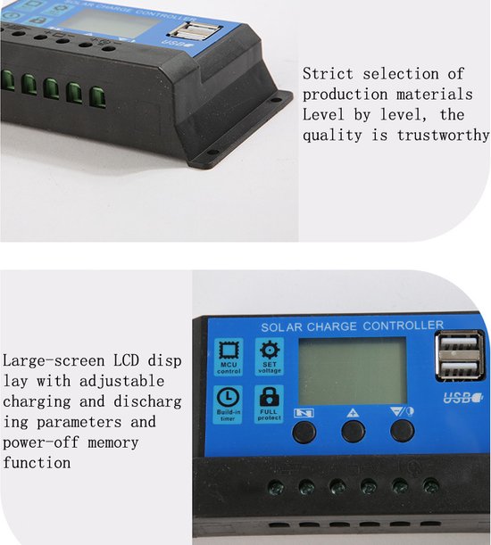 zonnepaneel laadregelaar-Geschikt voor 12 en 24 volt installaties -met 2 USB-uitgangen en LCD-display