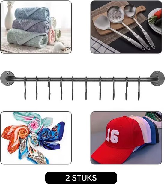 2 STUKS Multifunctioneel IJzeren Kledingstang voor aan de Muur- Garderobe Stang - met 10 Haken voor Optimale Organisatie-38CM
