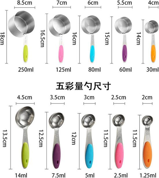 10-Delige Roestvrijstalen Maatbeker set-Cups & Spoons maten-stapelbaar en nestbaar