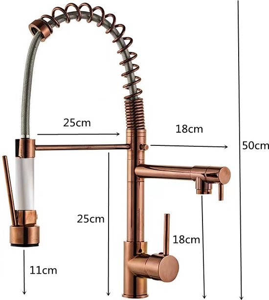professionele keukenkraan met 2 handvatten-Flexibele sproeikop-roségoud