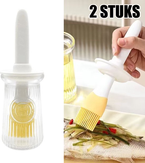 2 STUKS Oliefles met Borstel-Bakkwast voor BBQ of bakker- hittebestendig Siliconen kwast- wit