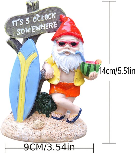 Grappige Relaxte Kabouter met Surfplank - Kleurrijke en Weerbestendige Tuinornament - Vrolijke Tuindecoratie