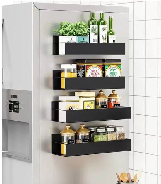 4-in-1 Magnetisch Kruidenrek Set – RVS – Perforatievrij – Wandmontage – Zwart – Keuken Organizer