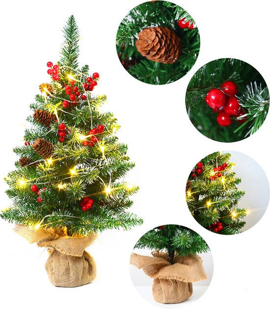 Luxe Mini Kerstboom – Met 1.5meter Warme LED Verlichting, Dennenappels en Rode Bessen – Sfeervolle Kerstdecoratie-45 cm