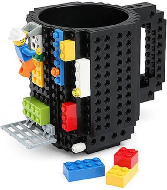 Build on Brick Mug - zwart- 350 ml - bouw je eigen mok met bouwsteentjes - BPA vrije drinkbeker cadeau voor kinderen of volwassenen - koffie thee limonade of andere dranken - pennenbeker - creatief accessoire voor op bureau