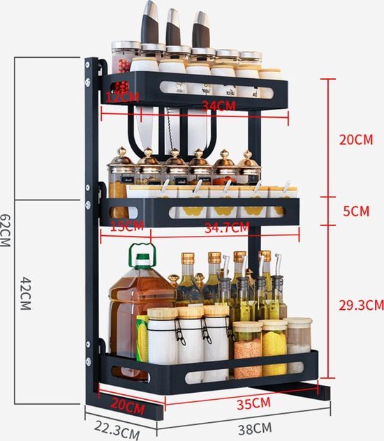 TDR - Multifunctioneel Staande Keukenrek of multifunctioneel organiser - 3 laags - Zwart