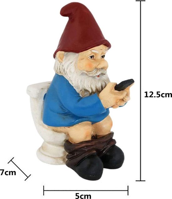 Grappige Kabouter Tuinornamenten-Kabouter op het Toilet met Mobiele Telefoon 5*7*12,5cm