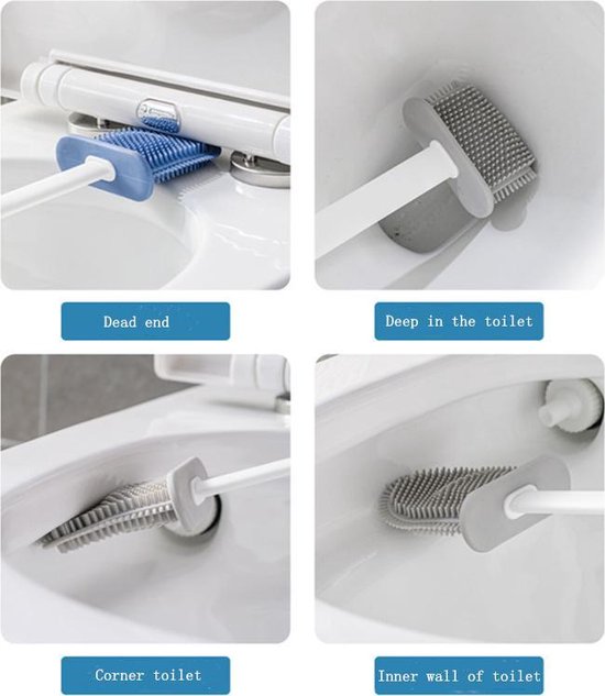 2 Stuks Antibacteriële Siliconen WC-borstel Set met Platte Brede en Ronde Borstelharen - Inclusief Borstelhouder - grijs