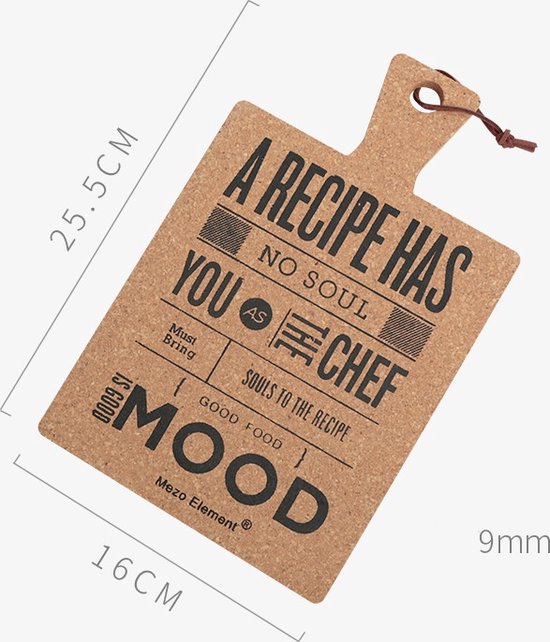 Kurken Pannenlap/Snijplank – ‘A Recipe Has No Soul’ | Decoratief & Multifunctioneel - 25,5 x 14 x 0,9 cm